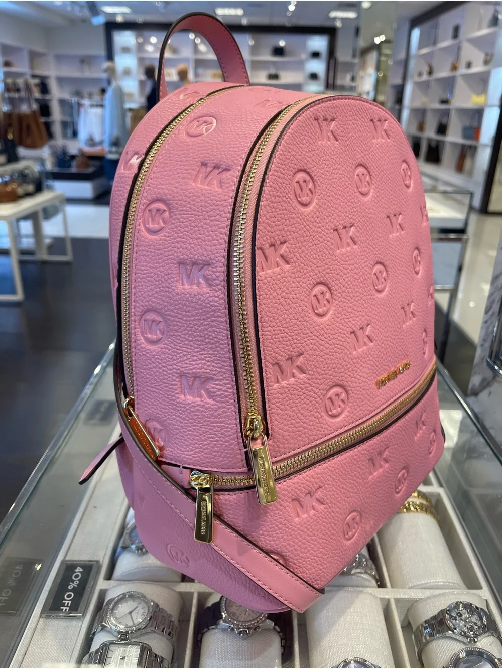 Michael Kors Rhea Medium Zip MK Logo Debossed Backpack Carnation NWT